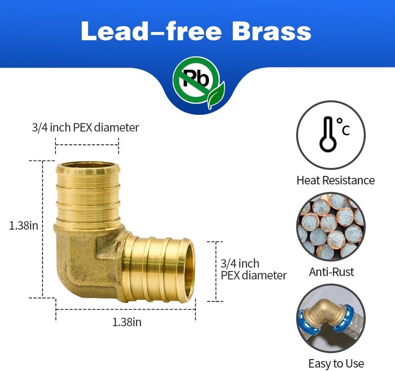 Ruby Q 25 Pack 3/4" PEX Fittings, PEX Elbow Fittings, Brass PEX Fittings for PEX Tubing Pipe - Image 2